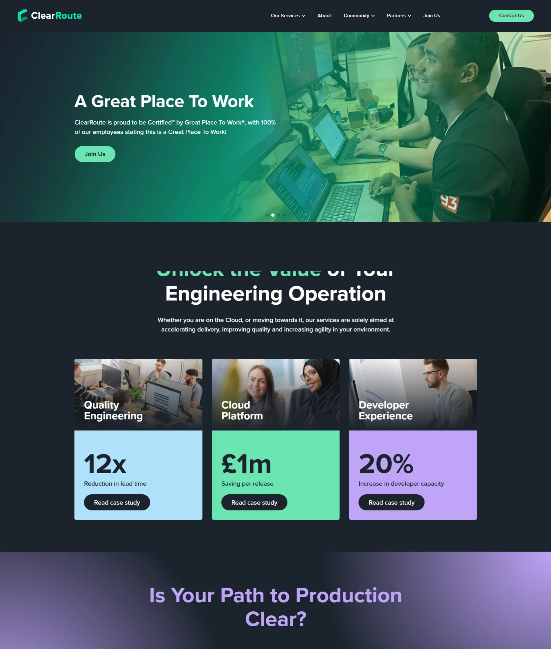 ClearRoute's quality engineering and cloud platforms website